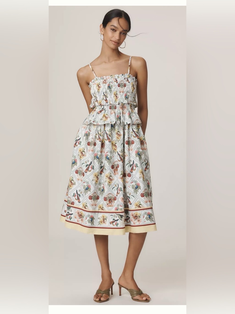 Anthropologie Tigers Giraffes Birds Smocked Peplum Midi Dress large $188